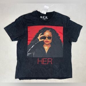 H.E.R. Crop Graphic T-shirt Women Small Black Acid Wash Short Sleeve Music NWT